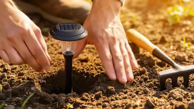 Making hole, hands in plaid lowering solar garden stake into bed, pressing soil for light, rake
