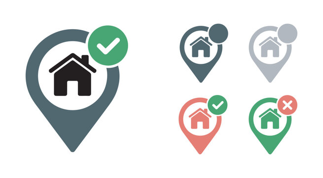 Location icons displaying house symbols with check and cross marks, property status indicator icons for availability