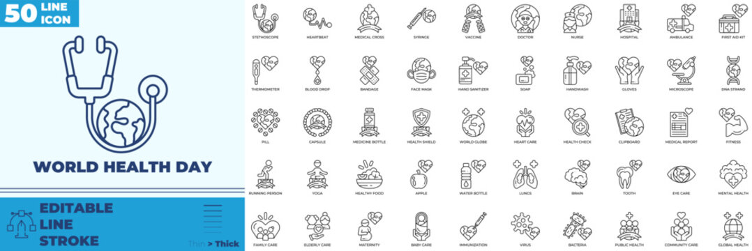 World Health Day Solid Color Editable Icons set