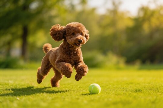 Running brown poodle chasing tennis ball