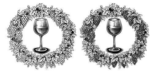 Naklejka premium Glass with wine inside grapevine round wreath. Hand drawn sketch style. Suitable for wine labels, winery branding, distillery, cellar, refinery. Vector illustration isolated on white