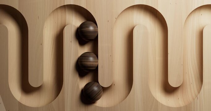 Satisfying 3D animation of dark wooden balls rolling through a smooth curved maze channel carved into a light wooden surface, creating a calming kinetic motion.