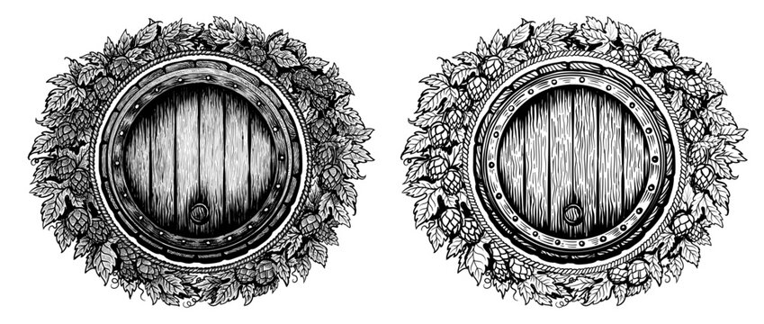 Vintage wooden beer barrel inside round wreath from hop with rope frame in center. Two hand drawn vector isolated on white. Elements suitable for beer labels, and branding, brewery, brewing.