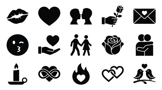 A collection of romantic and love-themed icons, including kisses, hearts, couples, roses, and envelopes, suitable for digital design and communication.