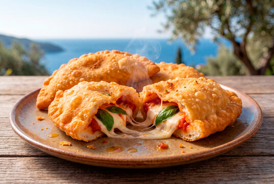 Fried panzerotti with melting mozzarella and tomato