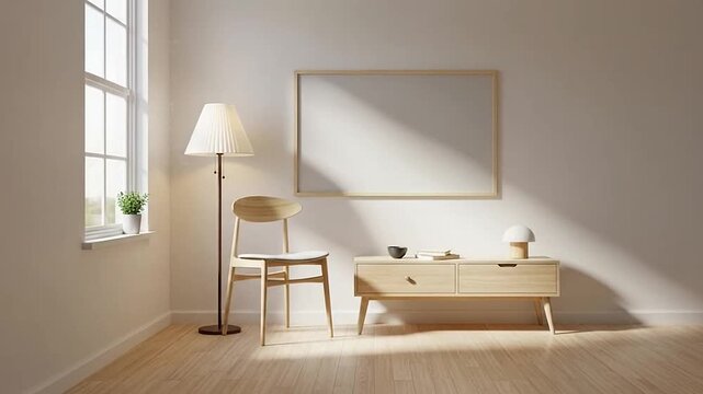 Minimalist living room with wooden furniture and blank frame
