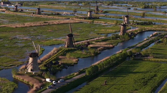 Aerial view of kinderdijk windmills and canals