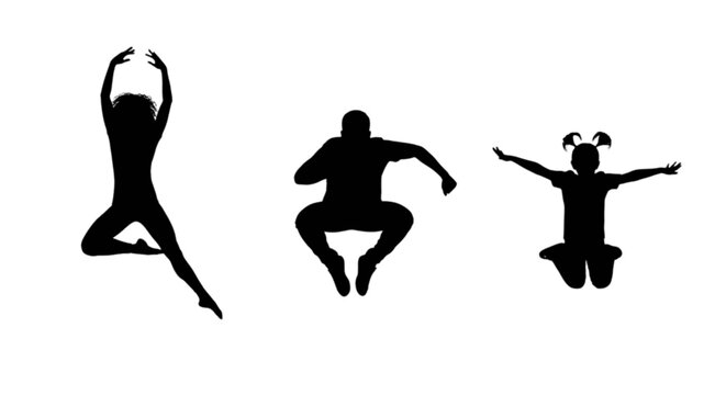 Three silhouette dancers in dynamic poses isolated on transparent background, Vector