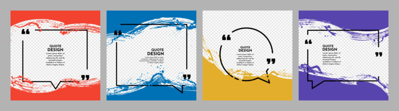Vector illustration. Square quote templates with vibrant paint brush strokes. Colorful overlays on transparent backgrounds with linear quote frame. Design elements for social media, advertising