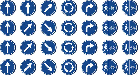 Directional and Pedestrian Traffic Signs Icon Set Featuring Arrows, Circles, and Walking/Bicycle Symbols for Road Safety, Navigation, and Traffic Control Design Projects © tofajjol studio