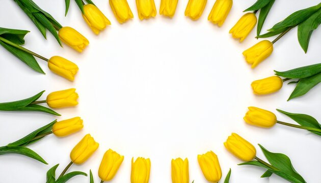 Sunny yellow tulips form a circular border with decoration isolated background