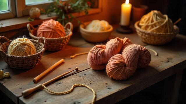 Warm candlelight illuminates a rustic table laden with soft yarn in earthy tones, awaiting the creation of cozy winter garments.