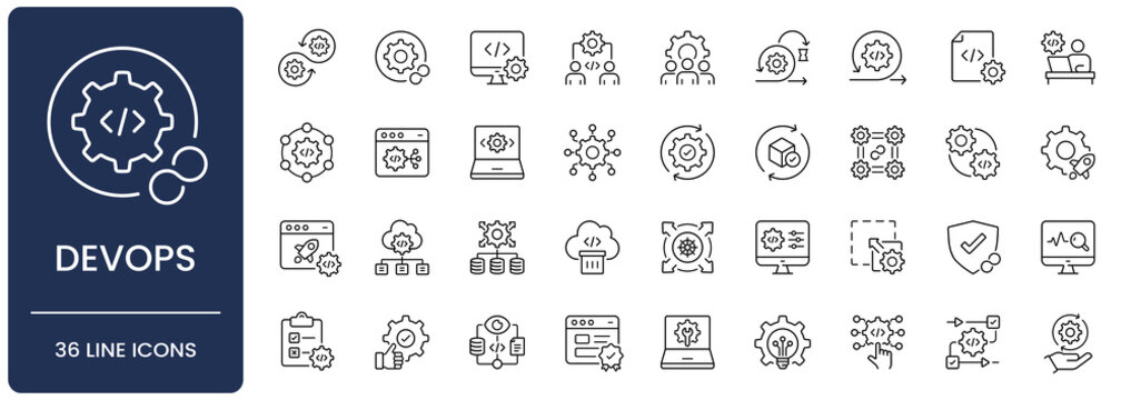DevOps line icon set. Collection of software development, continuous integration, cloud infrastructure, deployment pipeline and automation monitoring outline vector symbols with editable stroke.