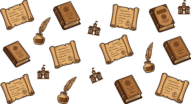 Vintage Educational Icons Featuring Books, Scrolls, Quills, Ink Bottles, and Schoolhouse for Learning, Literature, and History Design Projects