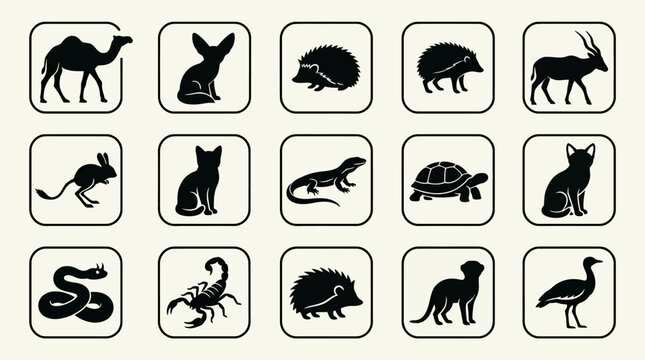 Flat silhouette vector icon set of desert animals  dromedary camel  fennec fox  desert hedgehog  jerboa  sand cat  desert monitor lizard  horned viper  scorpion  meerkat  addax antelope  desert tortoi