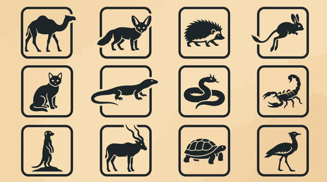 Flat silhouette vector icon set of desert animals  dromedary camel  fennec fox  desert hedgehog  jerboa  sand cat  desert monitor lizard  horned viper  scorpion  meerkat  addax antelope  desert tortoi
