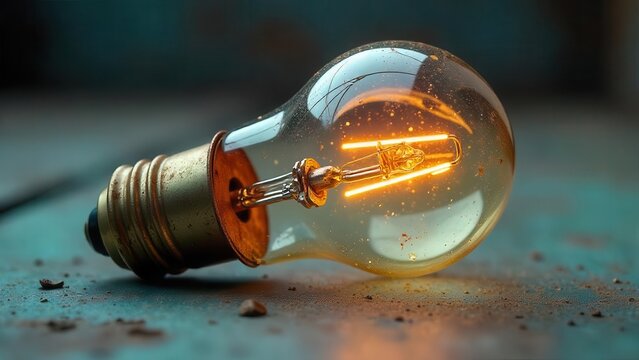 A glowing vintage lightbulb rests on a textured surface, its warm light illuminating the surrounding particles
