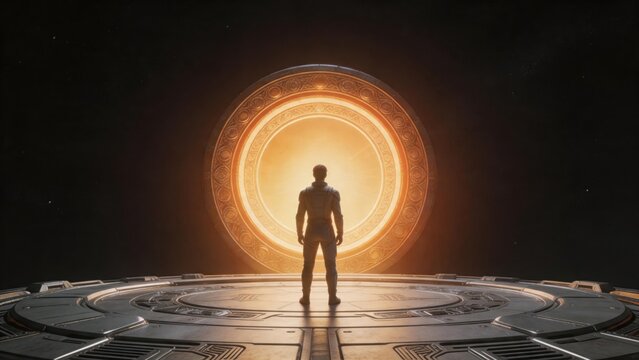Person facing glowing circular portal in space