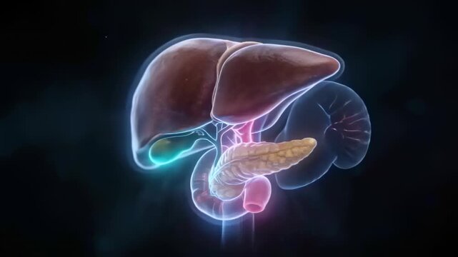 Rotating cluster with rising light showing liver gallbladder bile ducts pancreas duodenum in studio