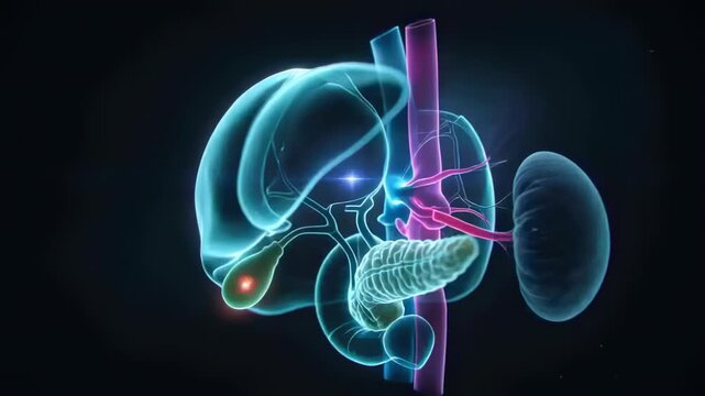 Rotating on cue liver model revealing bile ducts, pancreas on black, gallbladder red focus to teach