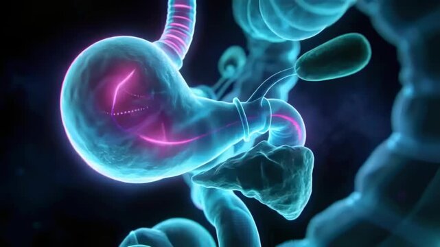 Rotating camera showing cyan stomach pulsing magenta lines, esophagus, pylorus for medical study
