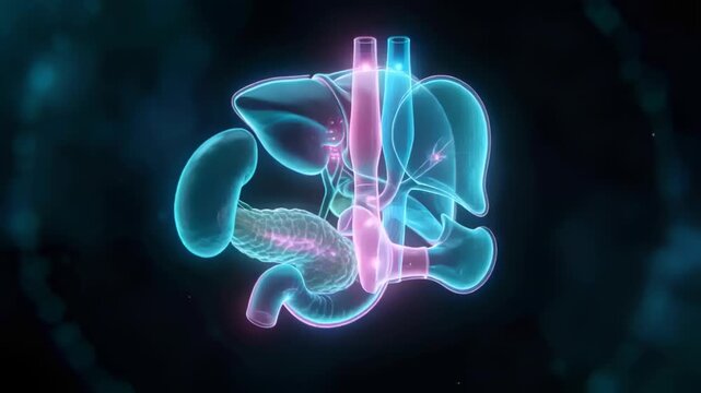 On start, hologram showing organ layout against dark nebula, showing liver, gallbladder, pancreas