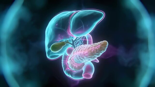Pulsing anatomy model showing bile moving along ducts near liver, pancreas, duodenum in dark studio
