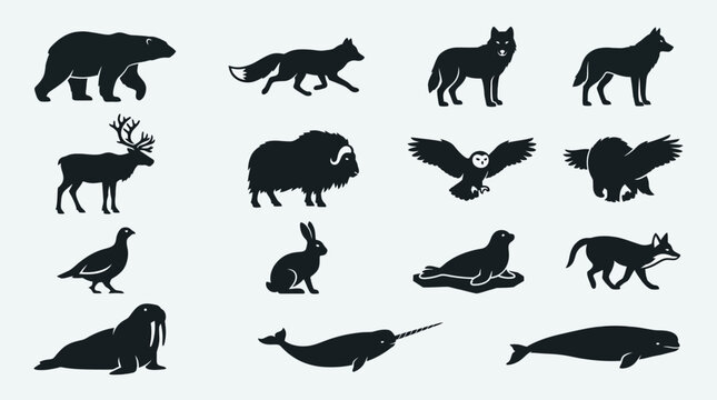 Flat silhouette icon set of polar animals  polar bear  arctic fox  arctic wolf  reindeer  musk ox  snowy owl  ptarmigan  polar hare  seal  walrus  narwhal 