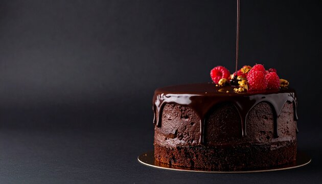 Moist chocolate layer cake with ganache drip and berries, dark background