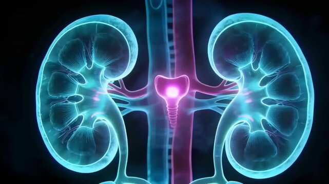 Pulsing paired kidneys and ureters reacting to magenta bladder glow in medical render, showing flow