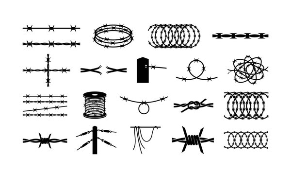 Barbed wire fence silhouettes vector set with straight curved and coiled razor wire shapes in minimal style