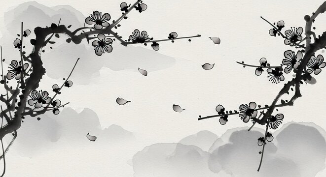 Black ink painting of plum blossom branches in misty landscape