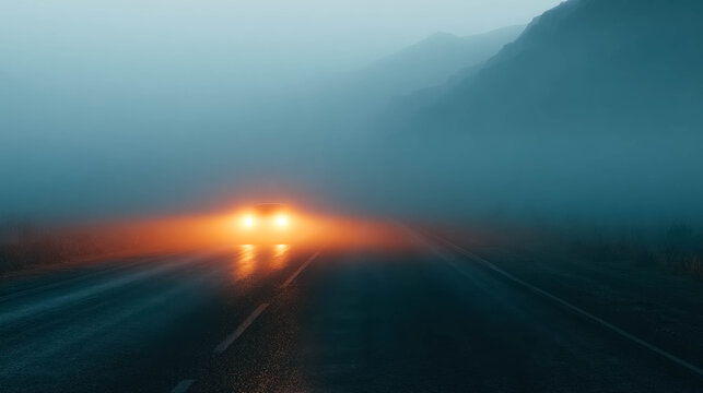 Car headlights cutting through dense fog on dark rural road creating low visibility and dangerous night driving conditions