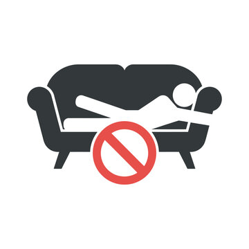 Prohibition sign no lying on sofa, red circle restriction symbol indicating public seating misuse ban, furniture protection and cleanliness enforcement in exhibitions and public areas design