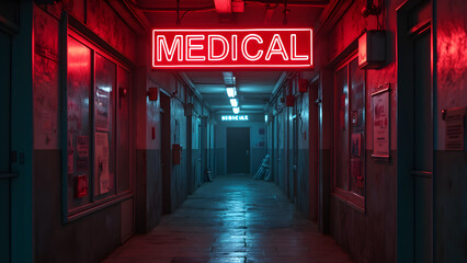 Fototapeta premium Neon-lit medical symbols in urban art. The intersection of healthcare and street culture. Visual representation of medical concepts. Exploring symbolism in modern medicine.
