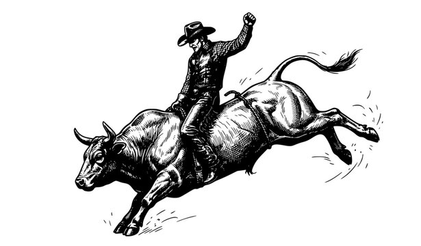 Rodeo cowboy riding bucking bull monochrome vector illustration western action scene isolated