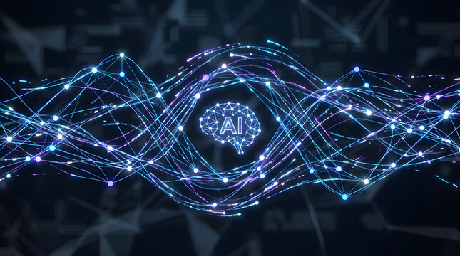Futuristic abstract technology background with interconnected nodes and lines, glowing particles forming digital network mesh, artificial intelligence and machine learning concept, big data flow visua
