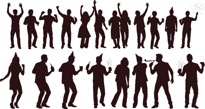 Group of people dancing and celebrating at a party, silhouettes on transparent background for events.