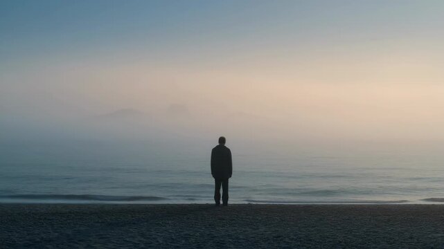 Solitary figure standing on a beach contemplating the vast ocean. Exploring the profound principles of MA philosophy.