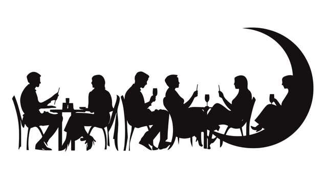 Silhouetted figures at tables beneath a crescent moon. Dining and socializing