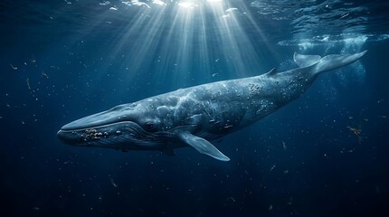 Fototapeta premium Majestic Blue Whale Swimming Gracefully Through Deep Blue Ocean Waters with Sunbeams Shining Down