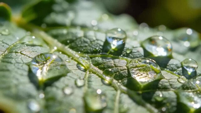 Shifting camera showing green leaf holding many water droplets casting glints in garden sunlight