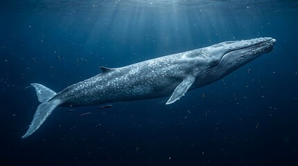 Fototapeta premium Majestic Blue Whale Gracefully Swimming Underwater in Deep Blue Ocean Waters With Sunbeams Shining Through