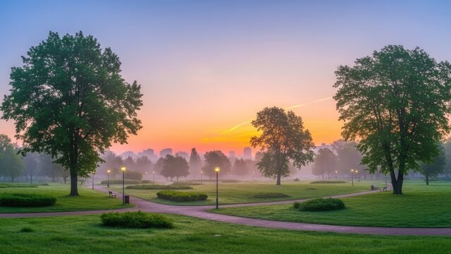 misty park sunrise with foggy pathway and golden morning light