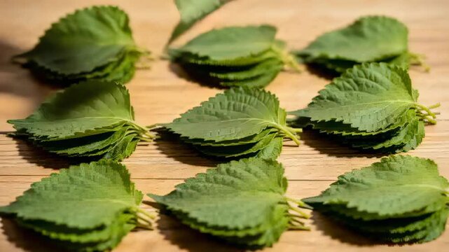 Pinching bare hand picking top leaf, inspecting and aligning green leaf stacks on wooden countertop