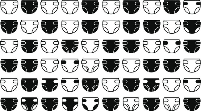 Baby Diaper Icon Set with Outline and Solid Infant Nappy Symbols Collection for Parenting, Childcare Products, Hygiene Design and Retail Packaging