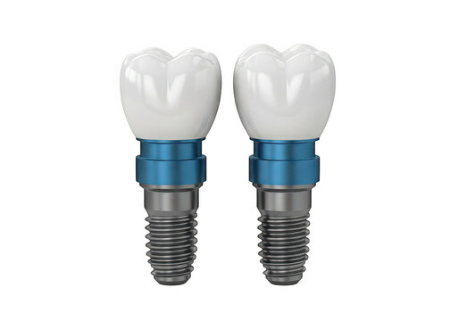 Dental implants with blue abutment connectors displayed side by side isolated on transparent background
