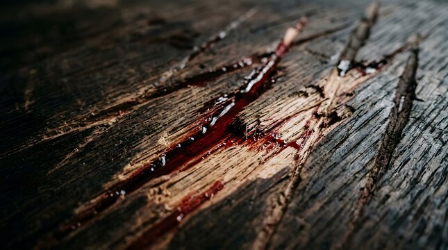Close-up of deep scratches on wooden surface with red liquid