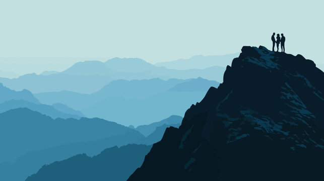 Silhouetted figures stand atop a dark rocky peak, surveying a layered vista of blue mountains