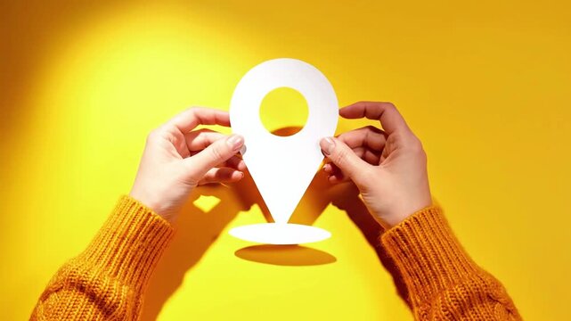Hands holding a location pin icon.